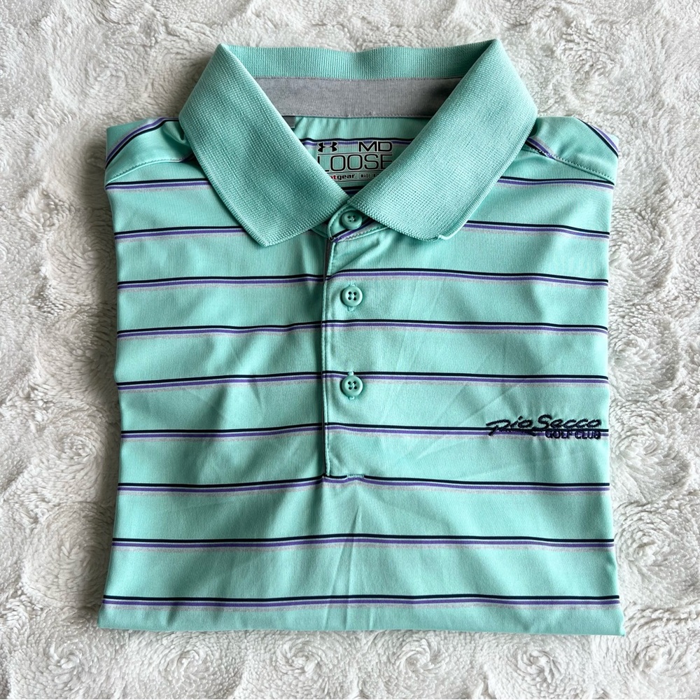 Under Armour Polo Shirt Mens Medium Mint Stripe Golf HeatGear Rio Secco Vegas UA
